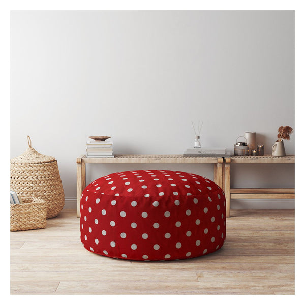 Homeroots 24" Red And White Cotton Round Polka Dots Pouf Cover   518512