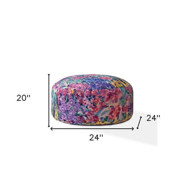 Homeroots 24" Blue And Green Cotton Round Floral Pouf Cover   518538