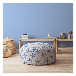 Homeroots 24" Blue And White Canvas Round Abstract Pouf Cover   518540