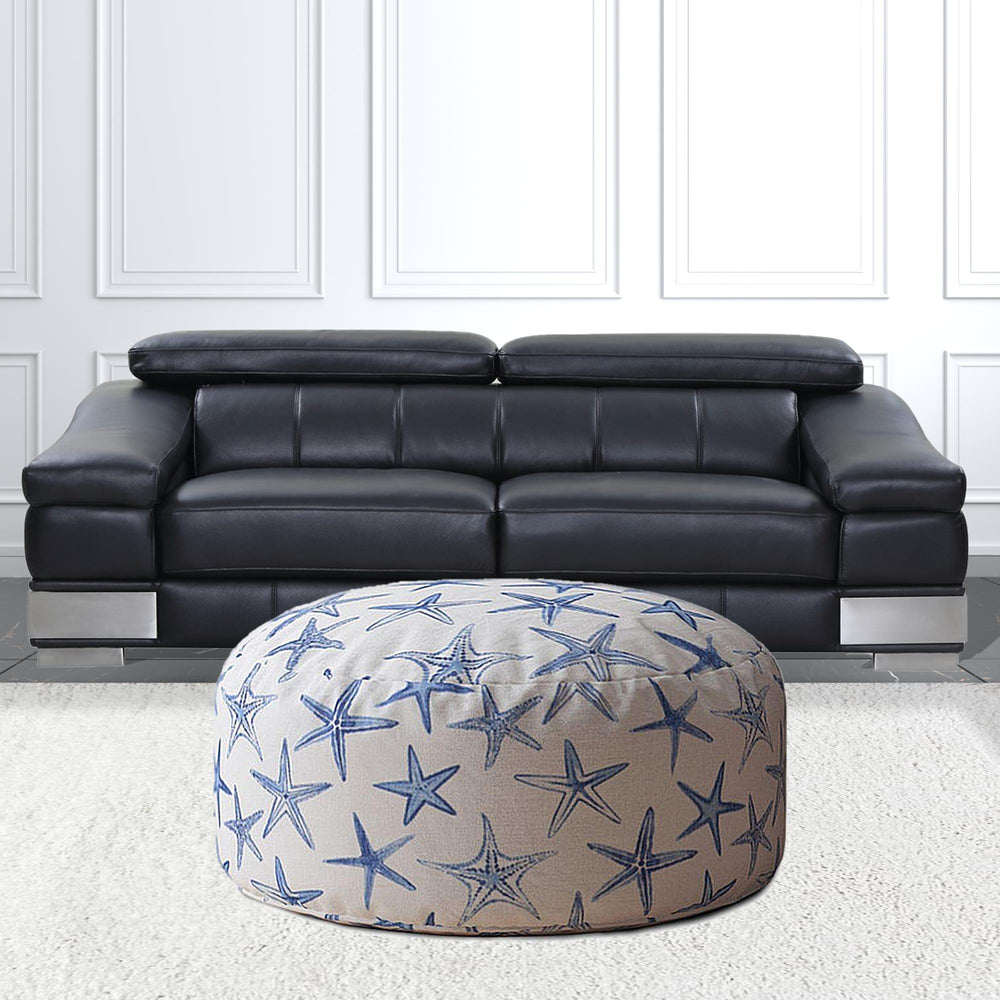 Homeroots 24" Blue And White Canvas Round Abstract Pouf Cover   518540