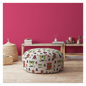 Homeroots 24" Pink And White Cotton Round Owls Pouf Cover   518548