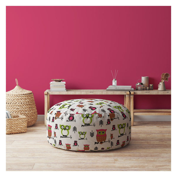 Homeroots 24" Pink And White Cotton Round Owls Pouf Cover   518548