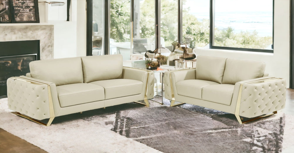 HomeRoots Two Piece Indoor Beige Italian Leather Seating Set for 5 – Luxurious Comfort & Style Upgrade 518557