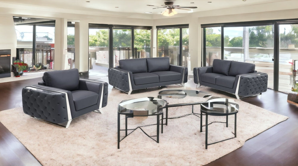 HomeRoots Three Piece Indoor Dark Gray Italian Leather Seating Set for 6 | Modern Comfort & Style Upgrade 518558