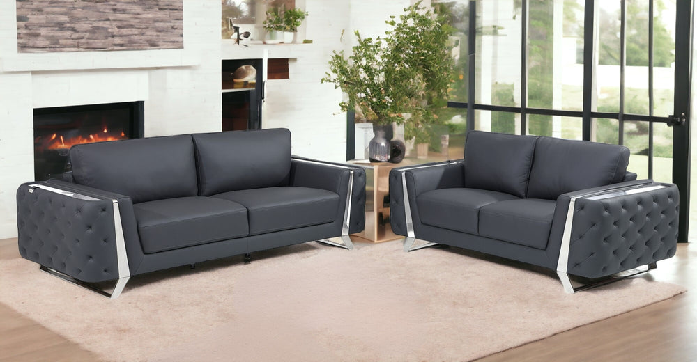 Homeroots Two Piece Indoor Dark Gray Italian Leather Five Person Seating Set Dark Grey  518559