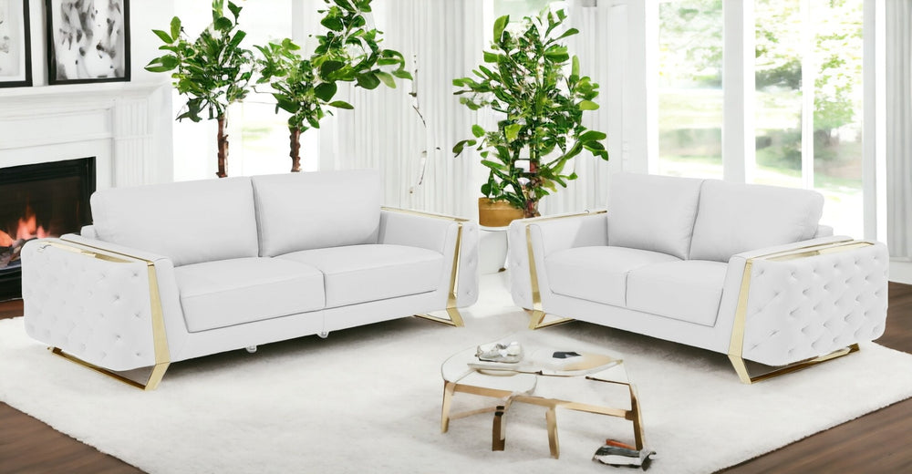 HomeRoots Two Piece Indoor White Italian Leather Seating Set for 5 - Luxurious Sofa & Loveseat Combo 518561