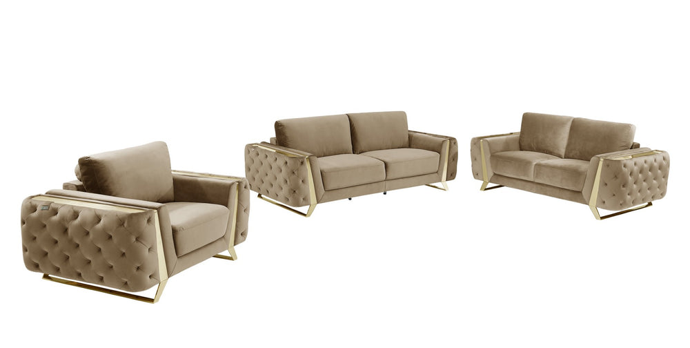 HomeRoots Three Piece Indoor Beige Velvet Seating Set for 6 - Luxurious Comfort & Stylish Design with Gold Accents 518562