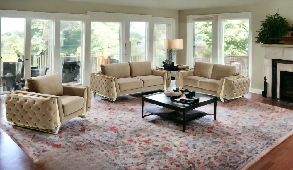 HomeRoots Three Piece Indoor Beige Velvet Seating Set for 6 - Luxurious Comfort & Stylish Design with Gold Accents 518562