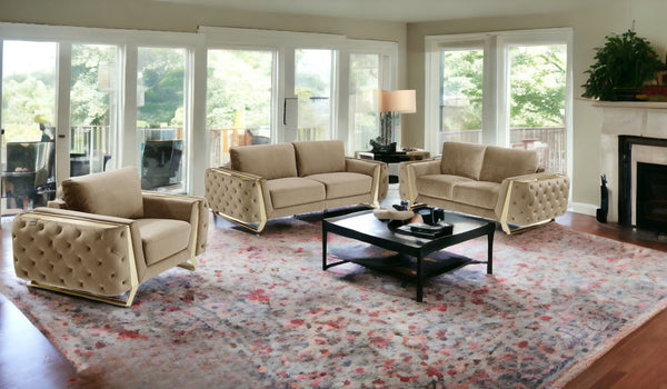 Homeroots Three Piece Indoor Beige Velvet Six Person Seating Set Beige  518562