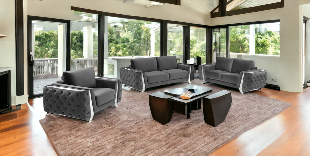 HomeRoots Three Elegant Dark Gray Velvet Seating Set for 6 – Modern Style, Plush Comfort & Durable Design 518564