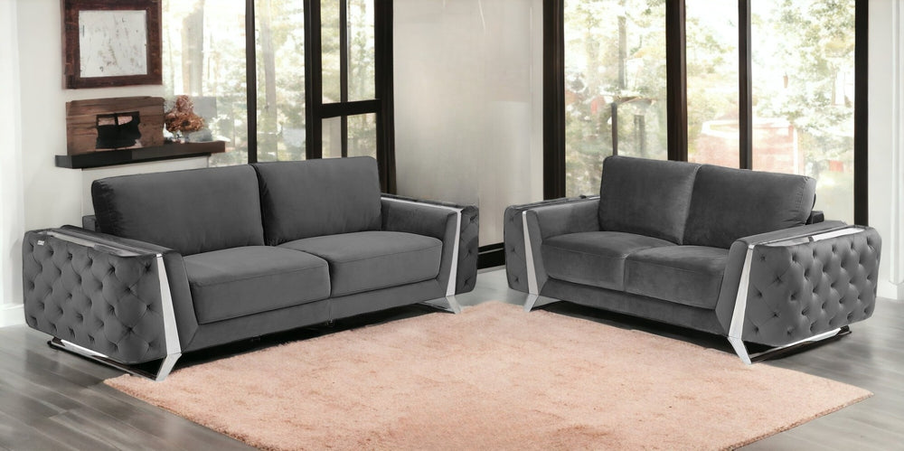 HomeRoots Two Piece Indoor Dark Gray Italian Leather Seating Set – Luxurious Comfort for Five, Stylish Design 518565