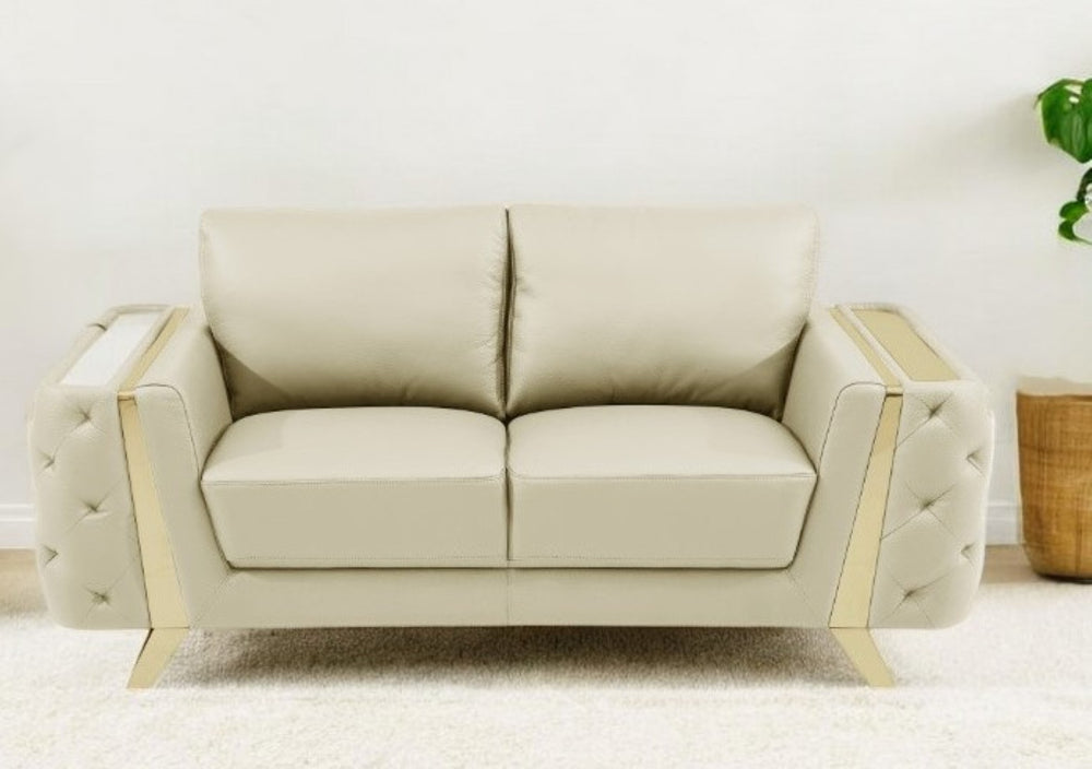 HomeRoots 72" Genuine Leather Loveseat - Luxurious Comfort with Gold Accents for Contemporary Living Spaces CREAM 518566