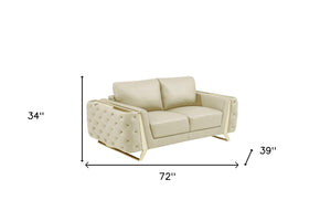 Homeroots 72" Beige And Gold Genuine Leather Loveseat Beige  518566