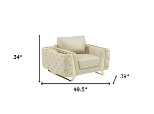 Homeroots 50" Beige And Gold Genuine Leather Tufted Club Chair Beige  518567