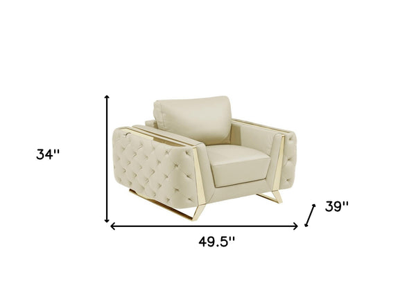 Homeroots 50" Beige And Gold Genuine Leather Tufted Club Chair Beige  518567