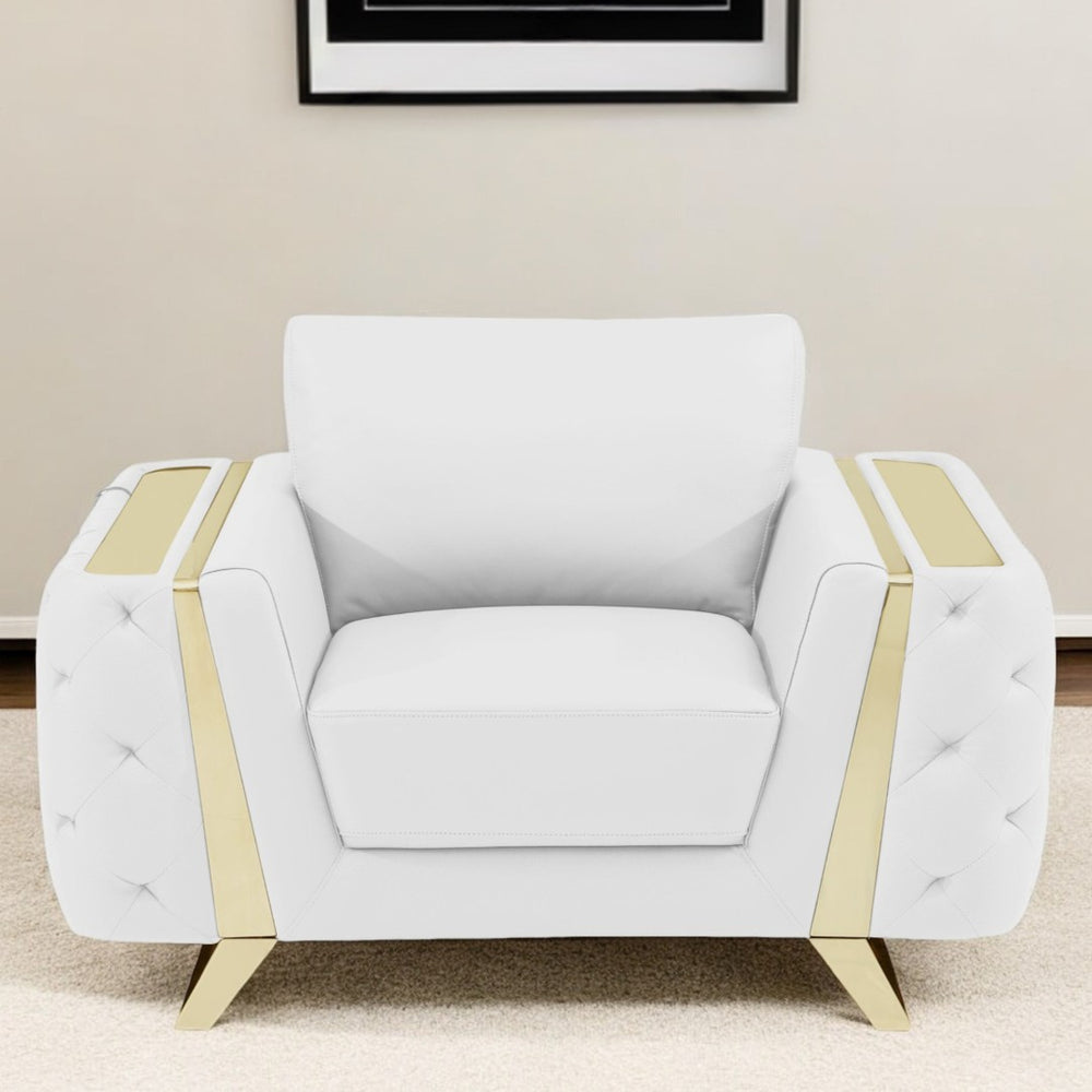 HomeRoots 50" Genuine Leather Tufted Club Chair with Gold Accents – Elegant Seating for Living Room or Office White 518571