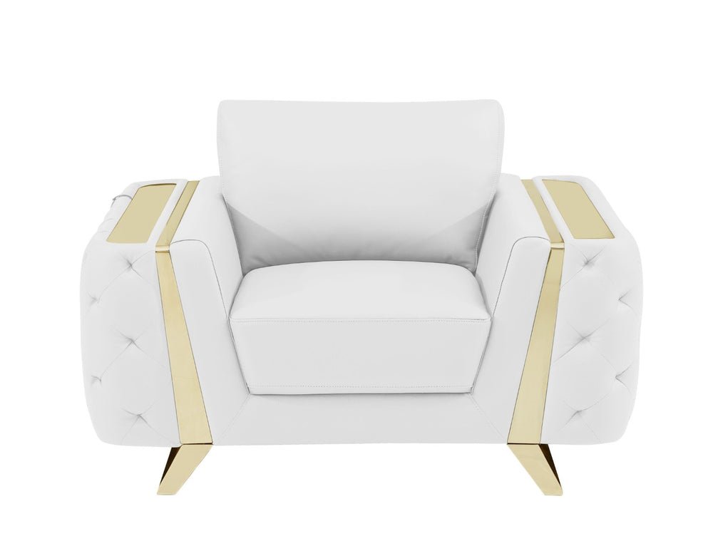 HomeRoots 50" Genuine Leather Tufted Club Chair with Gold Accents – Elegant Seating for Living Room or Office White 518571