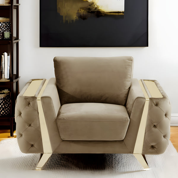 Homeroots 50" Beige And Gold Velvet Tufted Club Chair Beige  518573