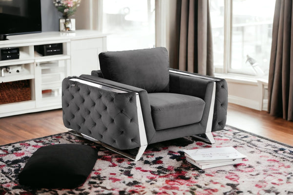 Homeroots 50" Dark Gray And Silver Velvet Tufted Arm Chair Dark Grey  518575