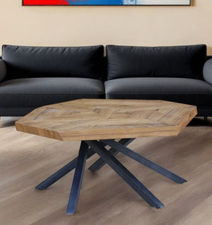 HomeRoots 42" Free-Form Coffee Table in Brown & Black Wood with Iron Base - Modern Organic Design Accent 518576