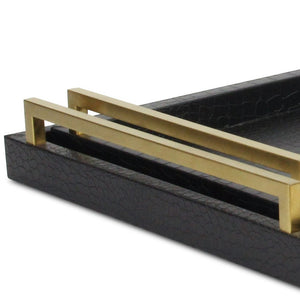 Homeroots Set Of Two Black Wood Faux Croc Serving Trays With Handles   518593
