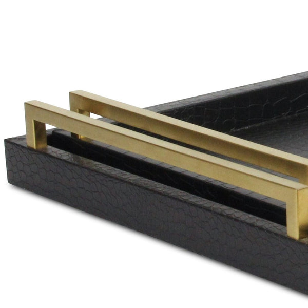 Homeroots Set Of Two Black Wood Faux Croc Serving Trays With Handles   518593
