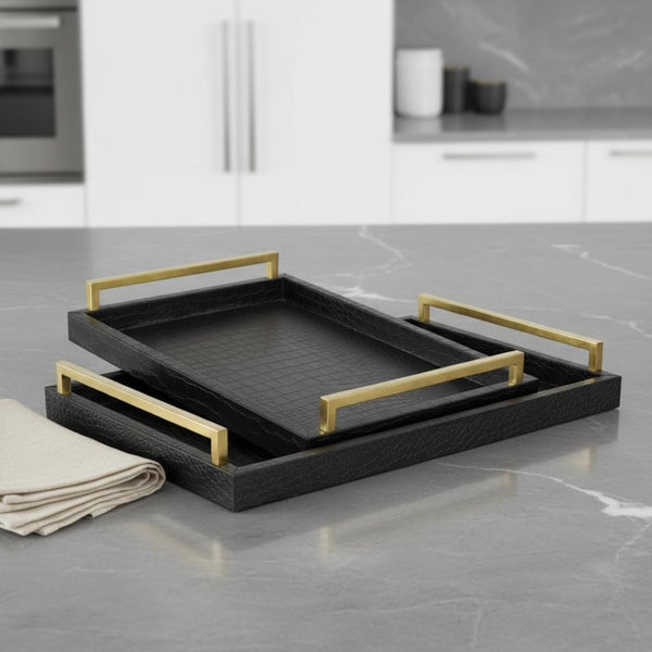 HomeRoots Set of Two Elegant Black Wood Serving Trays with Faux Croc Design & Gold Handles for Home Décor 518593