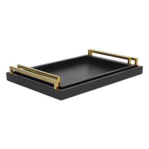 Homeroots Set Of Two Black Wood Faux Croc Serving Trays With Handles   518593