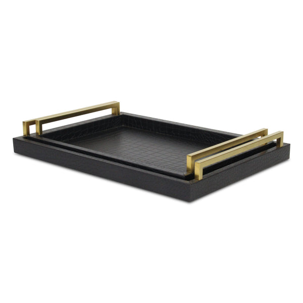 Homeroots Set Of Two Black Wood Faux Croc Serving Trays With Handles   518593