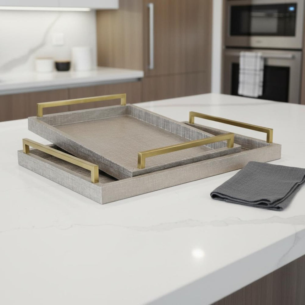 HomeRoots Set of Two Taupe Handmade Geometric Serving Trays with Gold Handles for Stylish Home Decor 518594