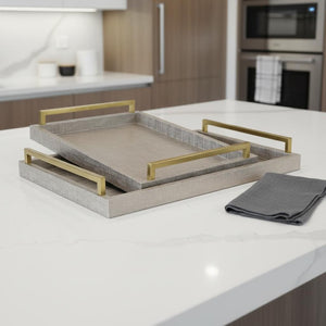 HomeRoots Set of Two Taupe Handmade Geometric Serving Trays with Gold Handles for Stylish Home Decor 518594