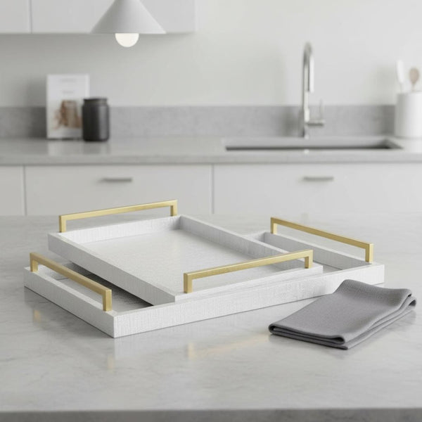HomeRoots Set of Two Modern Silver Wood Geometric Serving Trays with Gold Handles for Elegant Décor Display 518595