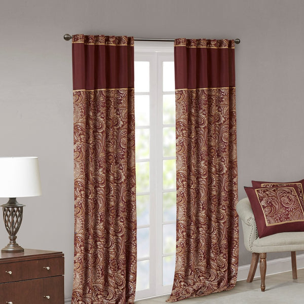 English Elm Jacquard Curtain Panel Pair - Luxurious Paisley Weave In Rich Burnt Red & Gold For Elegant Spaces B03598086