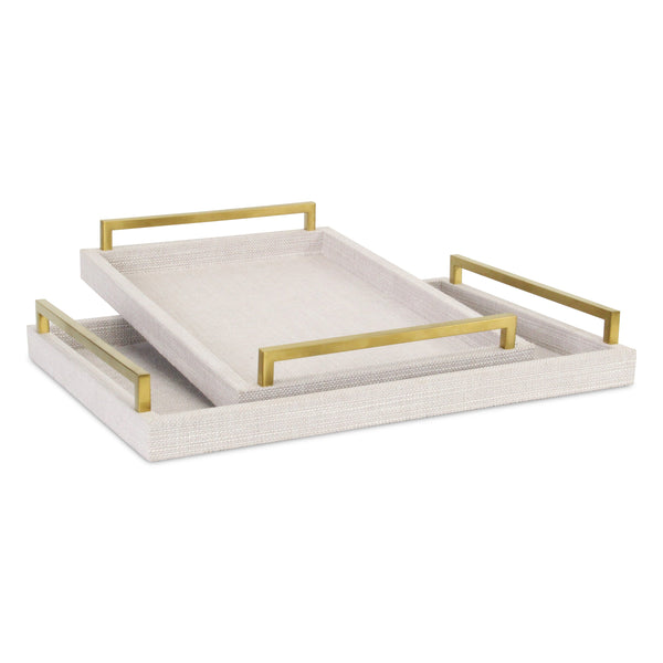 Homeroots Set Of Two Off White Wood And Fabric Nested Serving Trays With Gold Handles   518600
