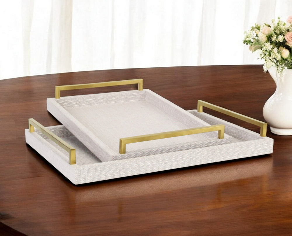 Homeroots Set Of Two Off White Wood And Fabric Nested Serving Trays With Gold Handles   518600