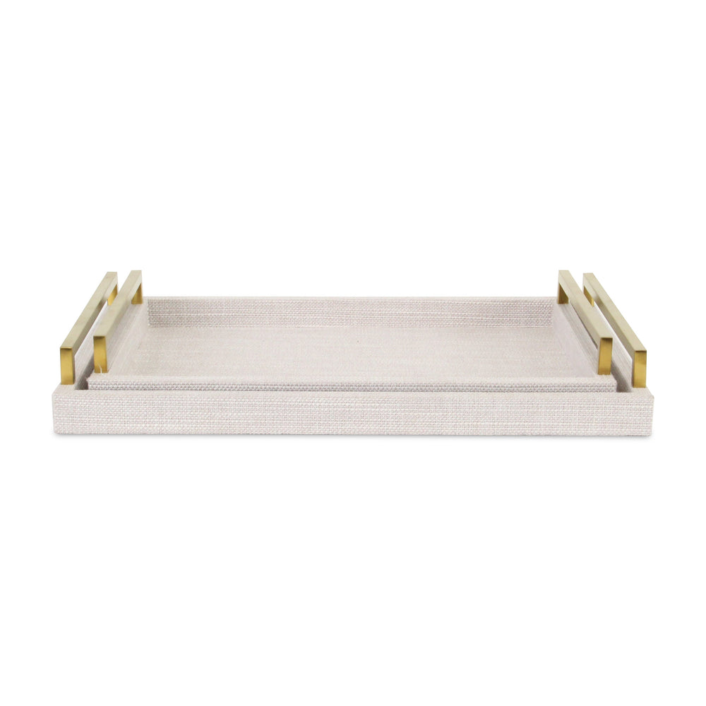 Homeroots Set Of Two Off White Wood And Fabric Nested Serving Trays With Gold Handles   518600