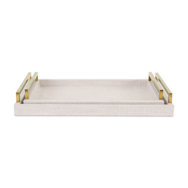Homeroots Set Of Two Off White Wood And Fabric Nested Serving Trays With Gold Handles   518600