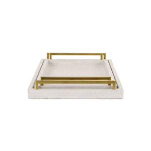 Homeroots Set Of Two Off White Wood And Fabric Nested Serving Trays With Gold Handles   518600