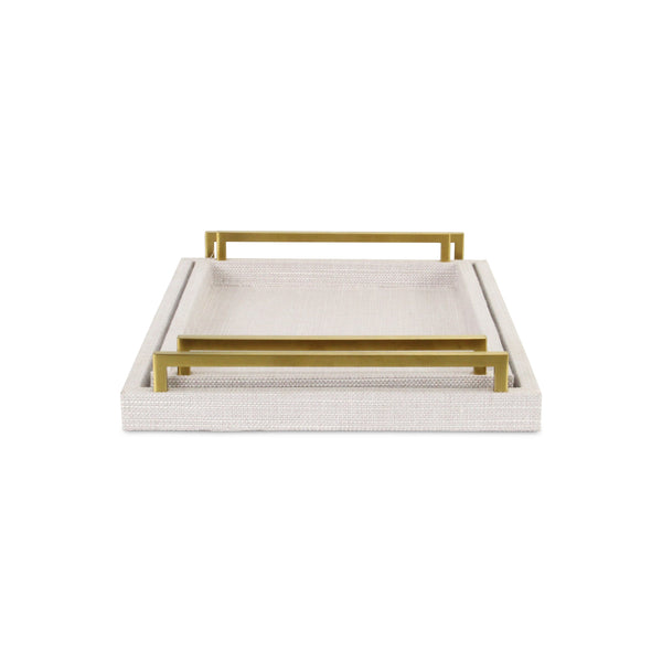 Homeroots Set Of Two Off White Wood And Fabric Nested Serving Trays With Gold Handles   518600