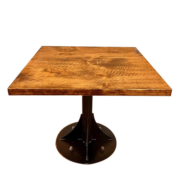 Homeroots 36" Brown And Black Square Solid Wood And Steel Pedestal Base Dining Table   518601