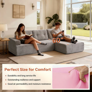 English Elm Right-Facing Chaise modular sectional sofa with plush corduroy, boneless design, converts to bed Brown Gray W3565S00004
