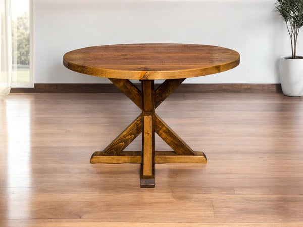 HomeRoots 42" Brown Rounded Solid Wood Trestle Dining Table – Rustic Charm Meets Modern Elegance for Any Home 518604