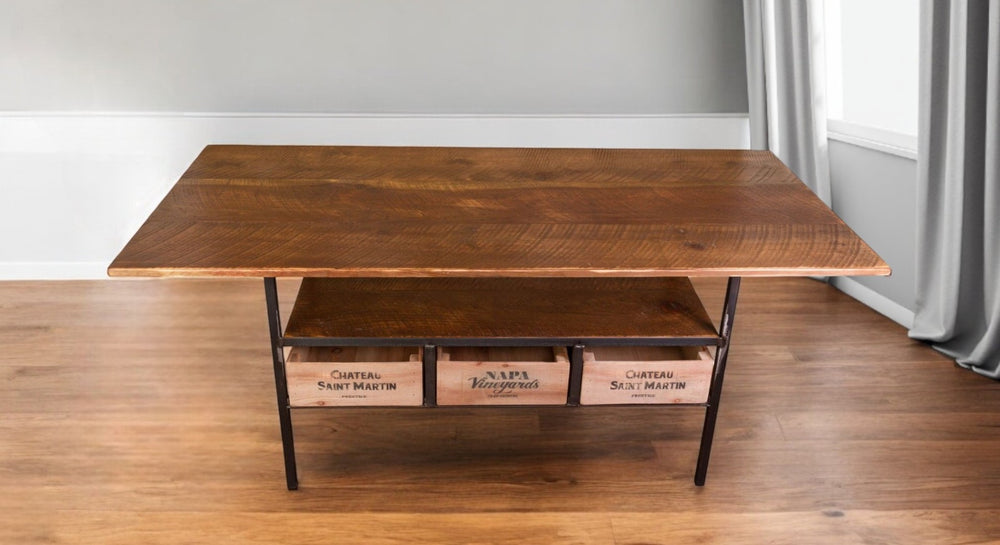 HomeRoots 72" Rustic Solid Wood and Steel Dining Table with Vintage Wine Crate Accents for Stylish Dining 518608