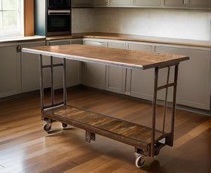 HomeRoots 64" Rustic-Industrial Solid Wood & Steel High-Top Dining Table with Casters for Easy Mobility 518609