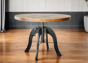 HomeRoots 36" Rustic Brown and Black Round Solid Wood Dining Table with Steel Crank Pedestal Base Design 518610