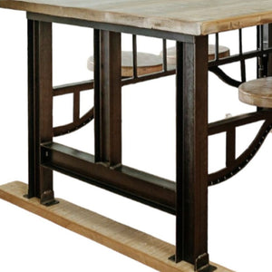 HomeRoots Brown Solid Wood Dining Set with Attached Backless Stools - Rustic Industrial Style for Any Space 518611