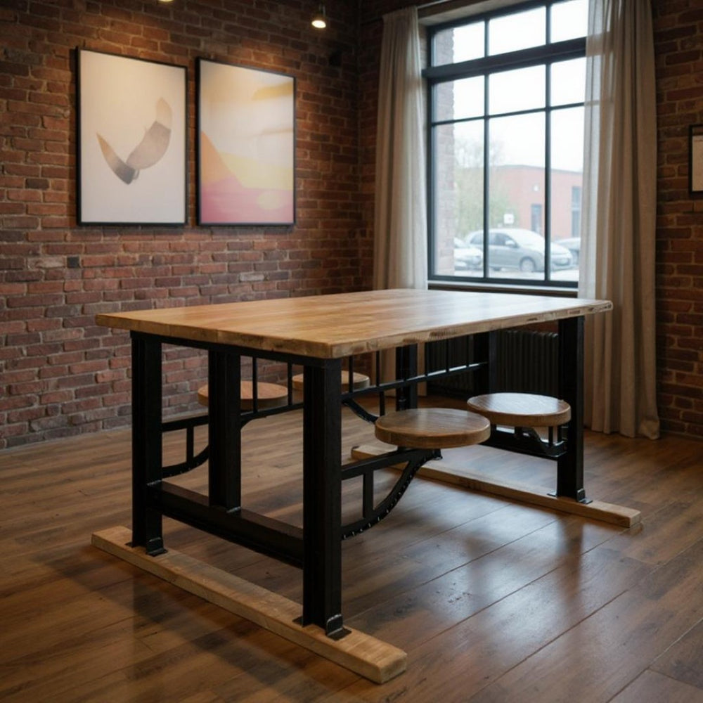 HomeRoots Brown Solid Wood Dining Set with Attached Backless Stools - Rustic Industrial Style for Any Space 518611