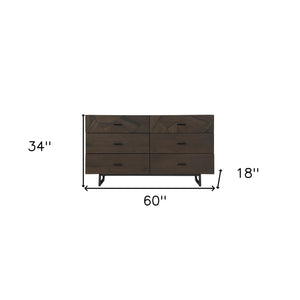Homeroots 60" Dark Brown Solid Wood Six Drawer Double Dresser  Solid Wood 518614