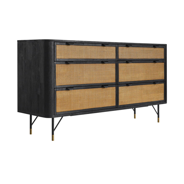 Homeroots 61" Natural And Black Solid Wood Six Drawer Double Dresser  Solid Wood 518620