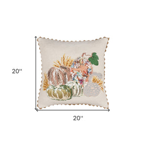 Homeroots 20" Beige And Green Thanksgiving Cotton Pillow With Applique, Embroidery Edges   518651